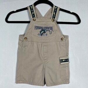 Vtg 90s Y2K Embroidered FlyFishing Adventure Short Khaki Bib Overalls 6-9 Mths